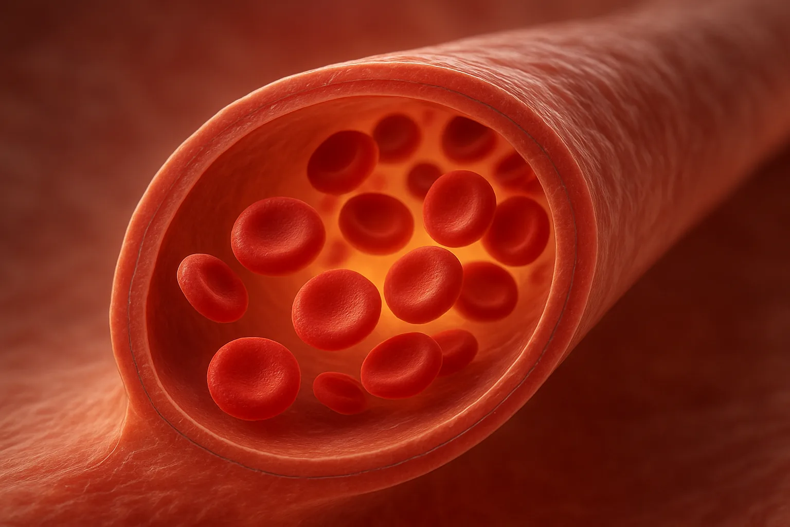 적혈구가 원활하게 흐르는 튼튼하고 넓어진 혈관의 내부 단면 모습입니다.
