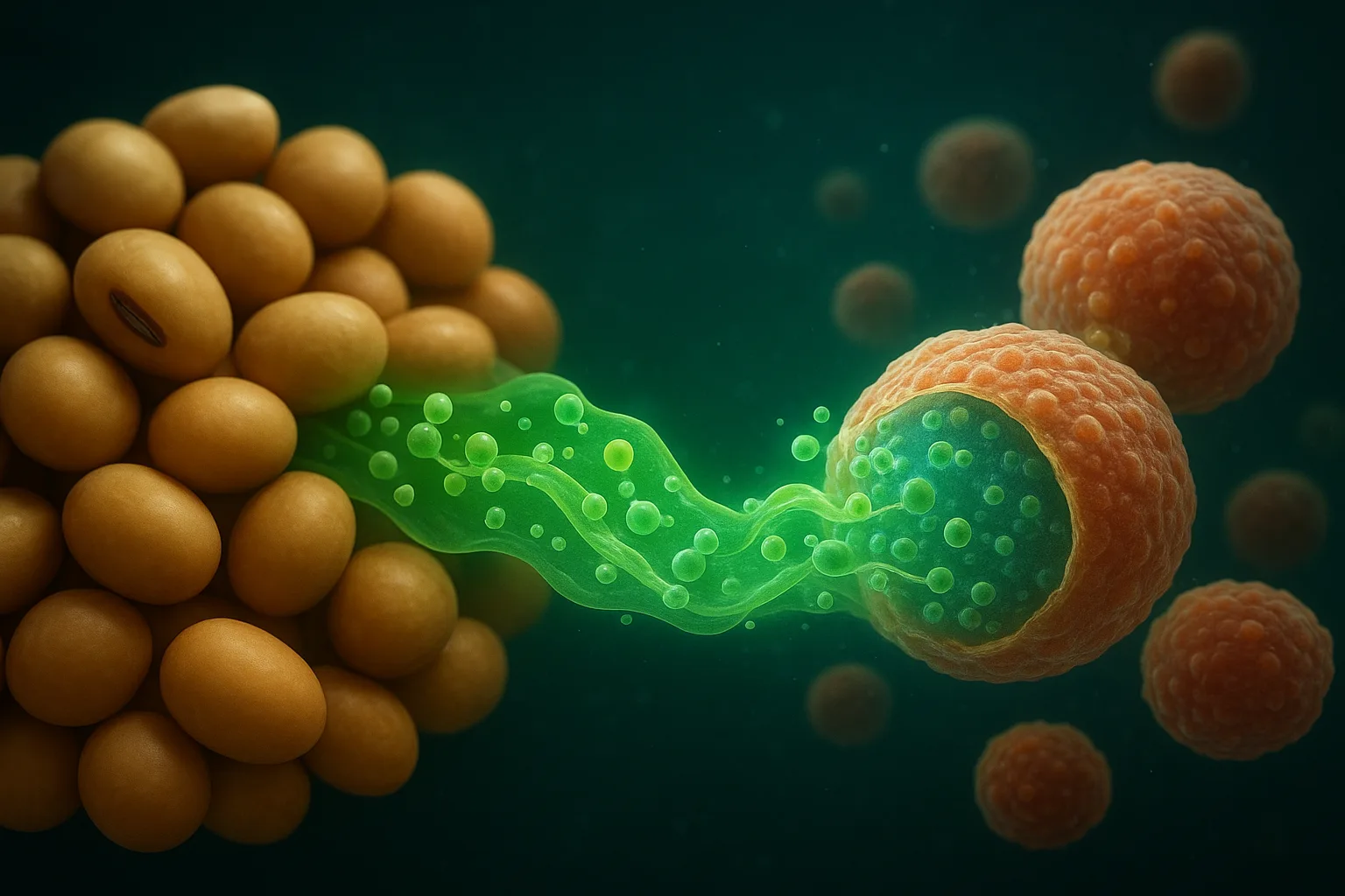 콩의 핵심 영양 성분이 체내로 흡수되어 산화 스트레스를 줄여주는 작용 기전입니다.