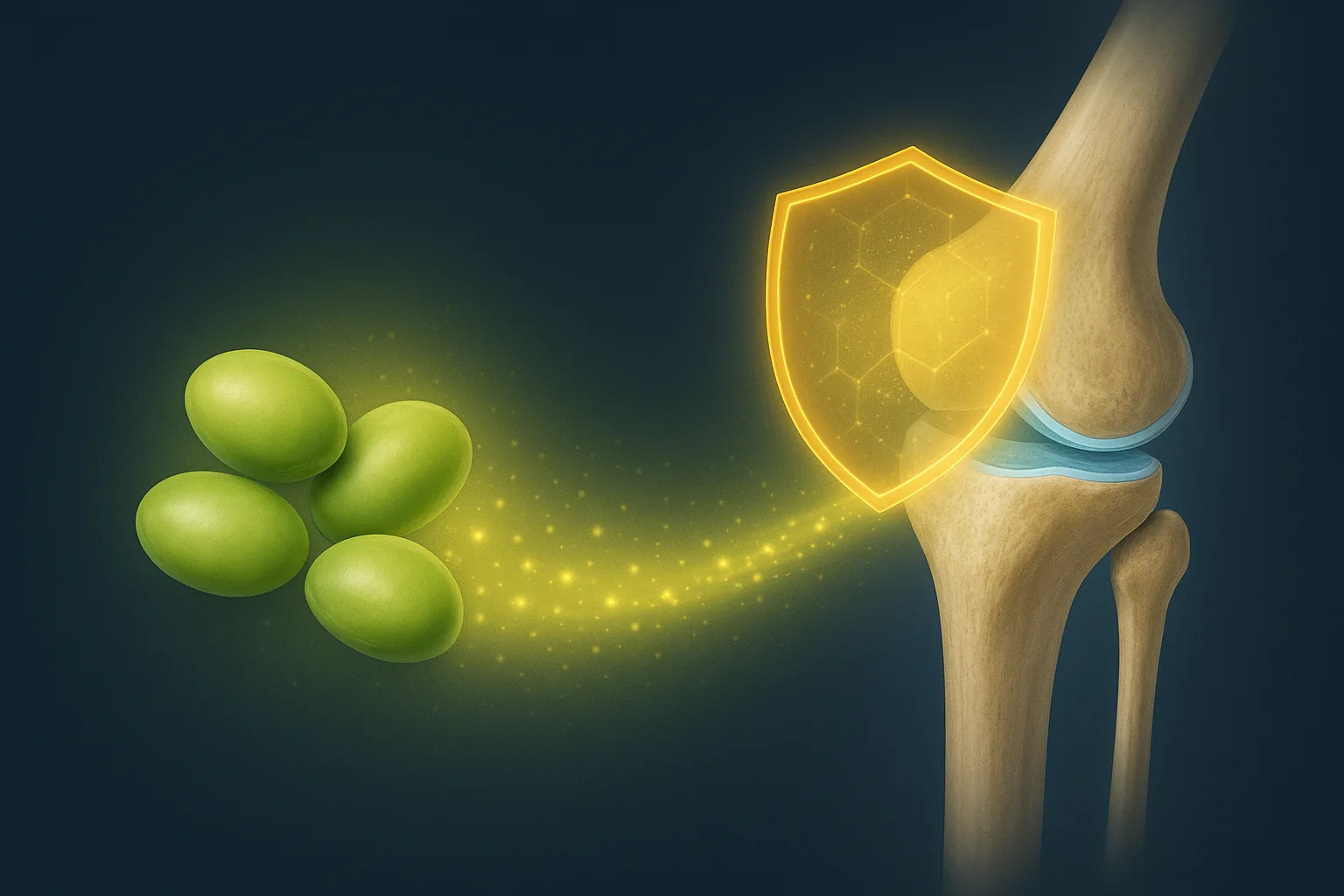 콩의 유황 아미노산 성분이 콜라겐 합성을 돕고 관절 연골을 보호하는 과정을 나타낸 다이어그램