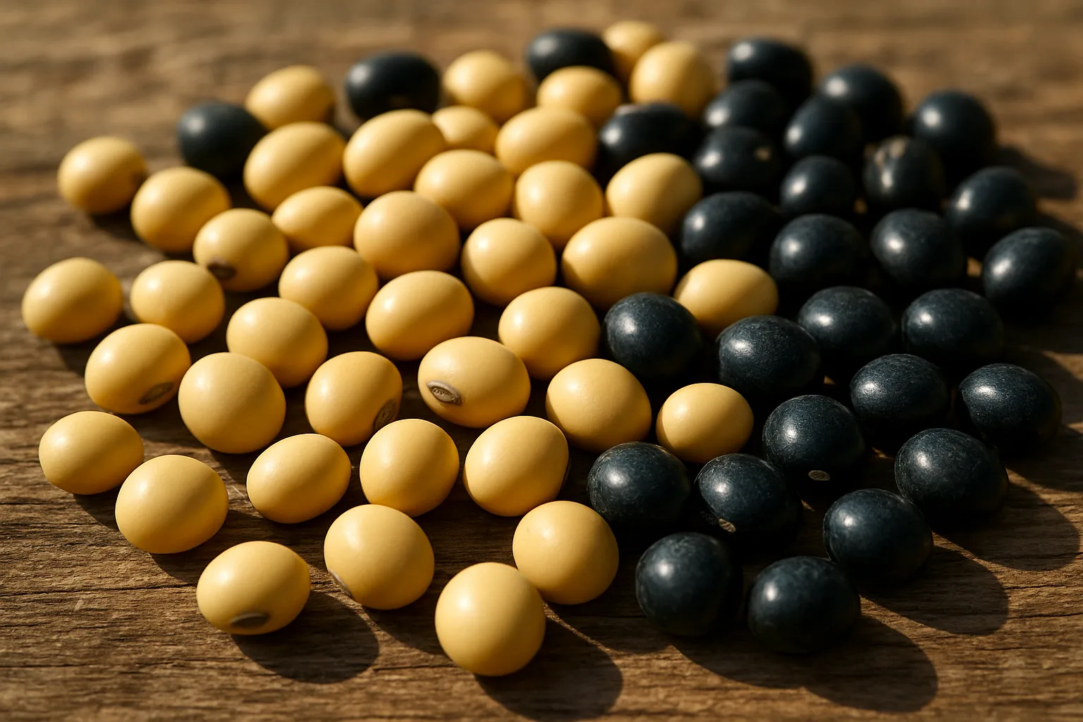나무 테이블 위에 놓인 다양한 종류의 콩들이 자연스러운 빛을 받고 있는 모습입니다.
