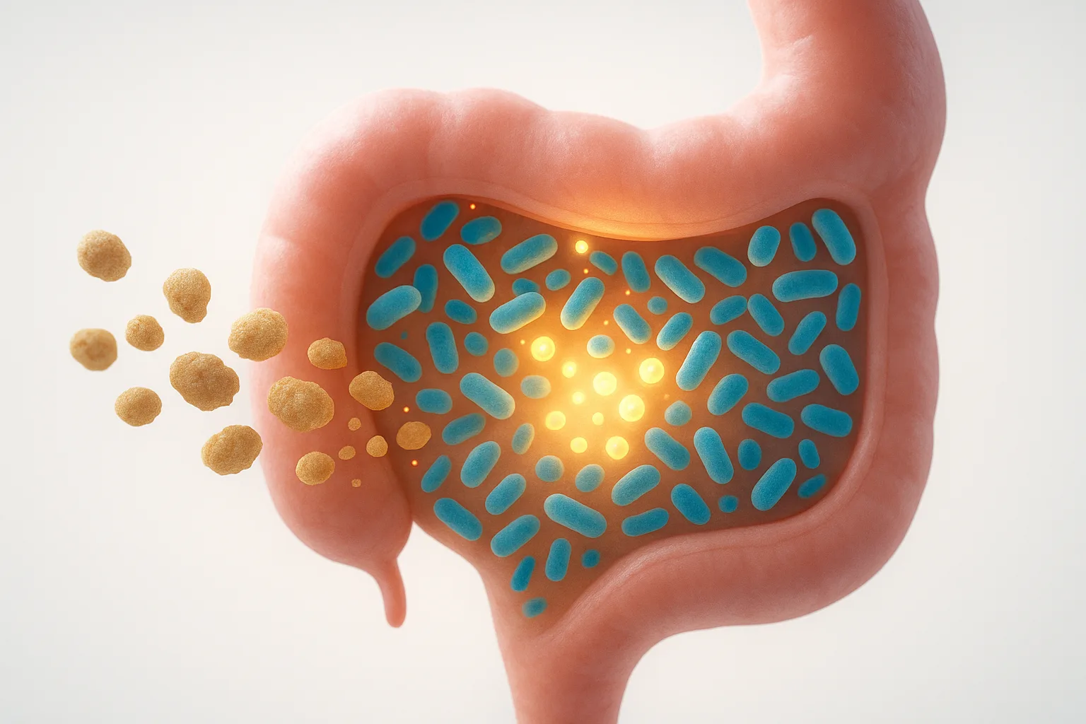 콩의 영양소가 장내 미생물에 의해 발효되어 장 건강에 유익한 단쇄지방산을 생성하는 과정입니다.