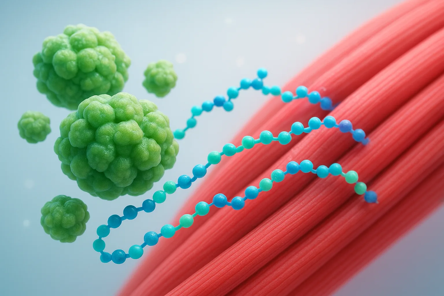 콩 단백질이 체내에서 소화되어 아미노산으로 분해된 후 근육 합성에 사용되는 과정입니다.