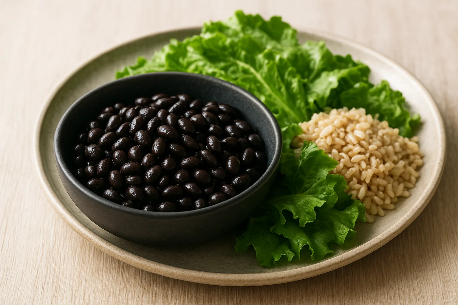안토시아닌이 보존된 조리된 검은콩과 신선한 채소가 어우러진 건강한 식단 사진입니다.