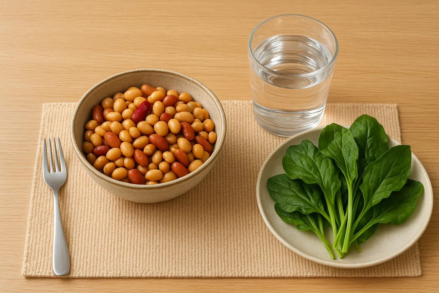 충분한 수분과 삶은 콩 요리를 곁들여 장 건강을 관리하는 올바른 식습관을 보여줍니다.