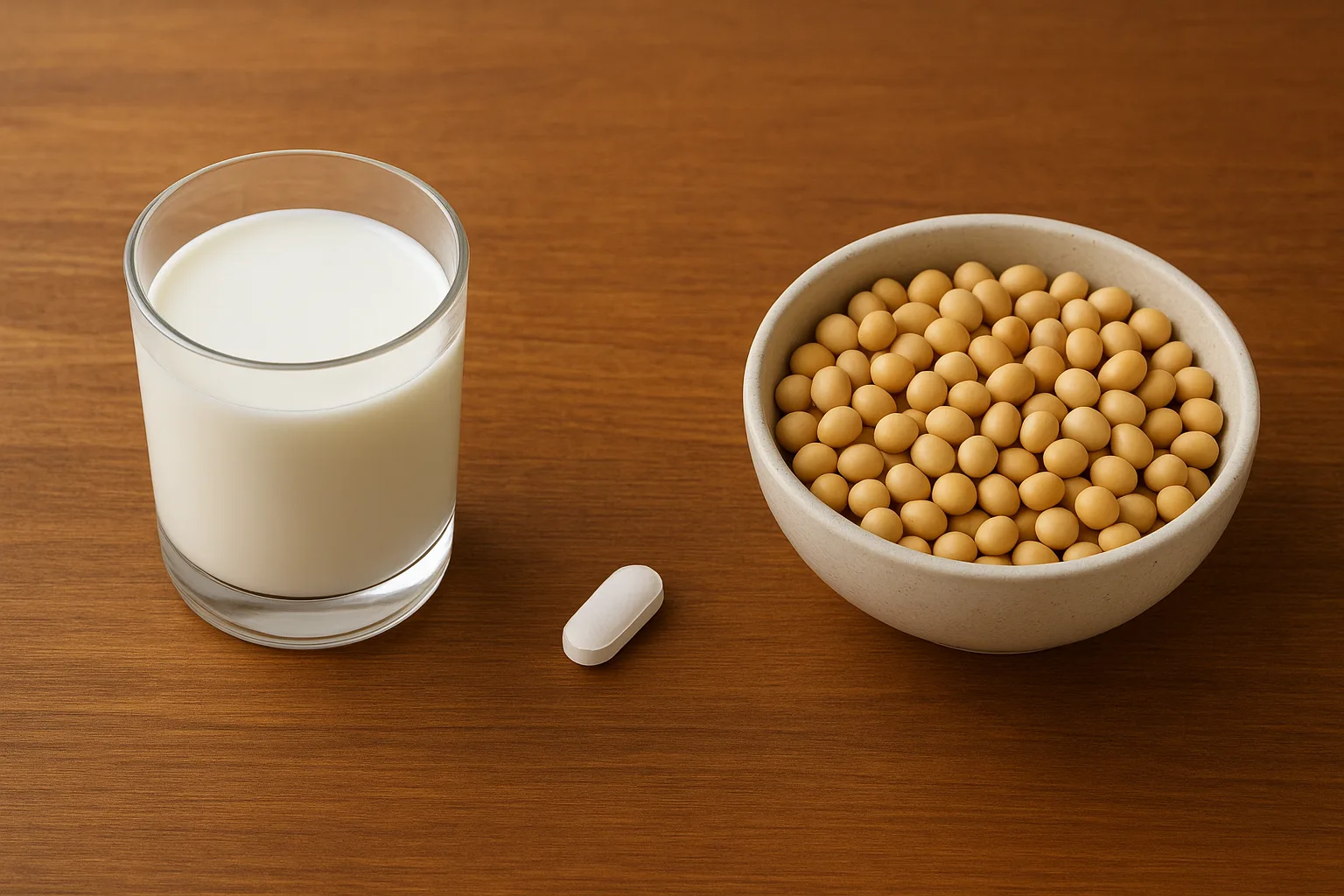 테이블 위에 대두콩과 칼슘 보충제, 그리고 우유 한 잔이 균형 있게 놓여 있습니다.