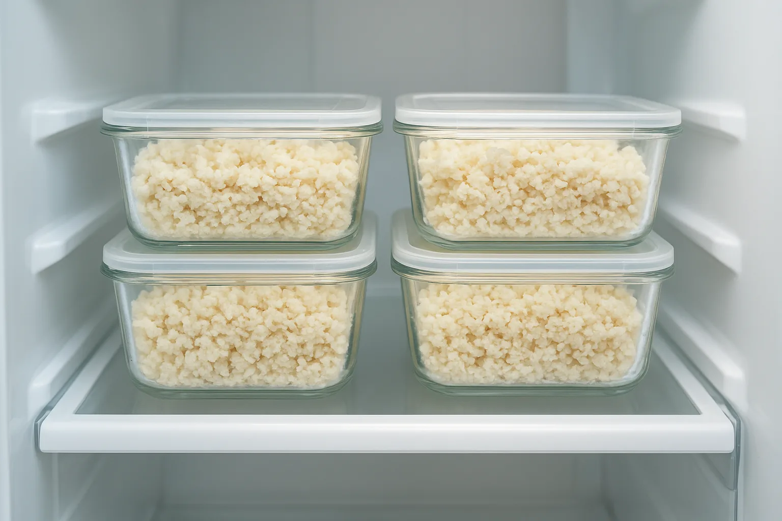 위생적인 밀폐 유리 용기에 1회분씩 소분되어 냉동실에 보관 중인 콩비지입니다.