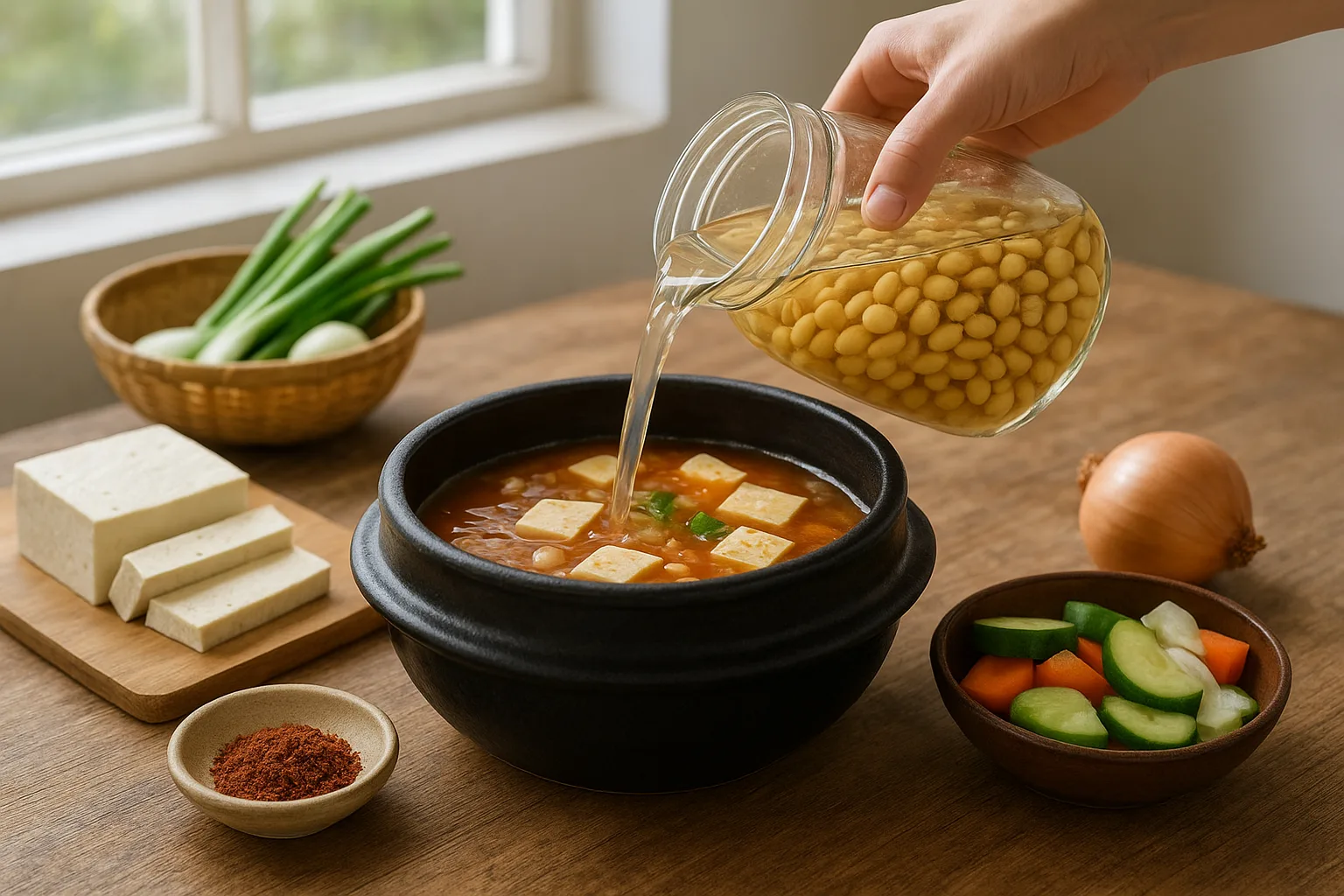 콩 불린 물을 버리지 않고 된장찌개의 육수로 부어 건강하게 요리하는 모습.