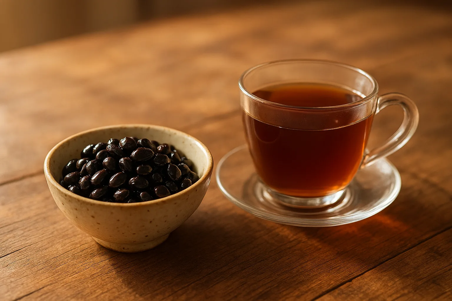 신장 건강과 부기 관리에 좋은 따뜻한 검은콩 차와 삶은 콩이 차려진 정갈한 테이블 모습입니다.