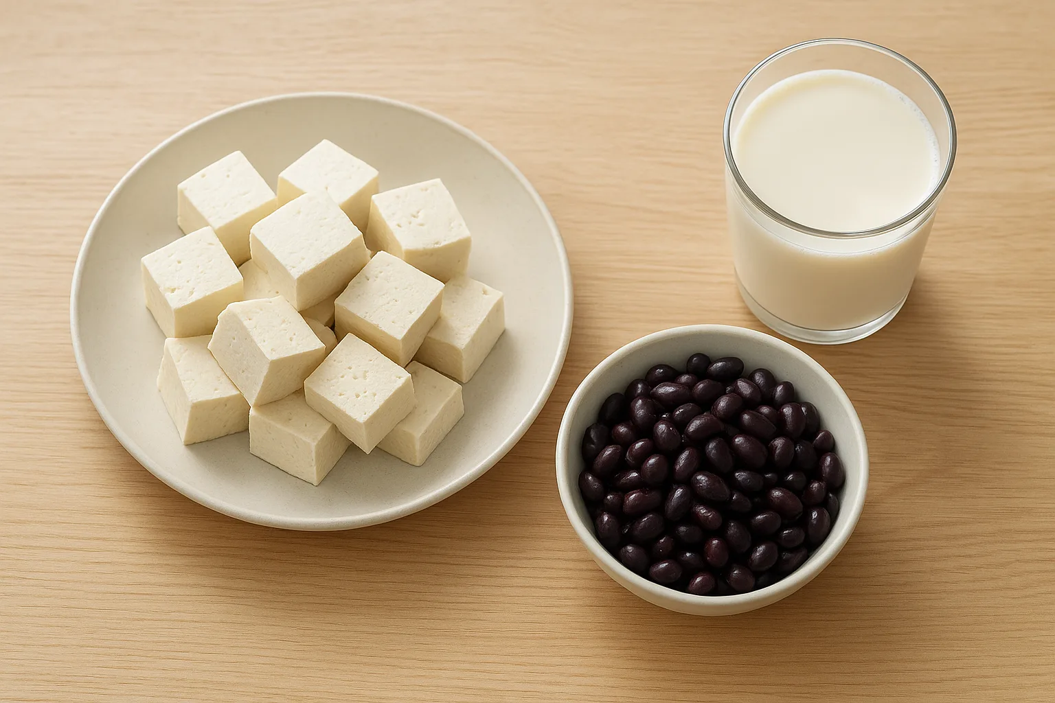 두부와 삶은 콩을 포함하여 일상에서 쉽게 실천할 수 있는 건강한 식물성 밥상입니다.