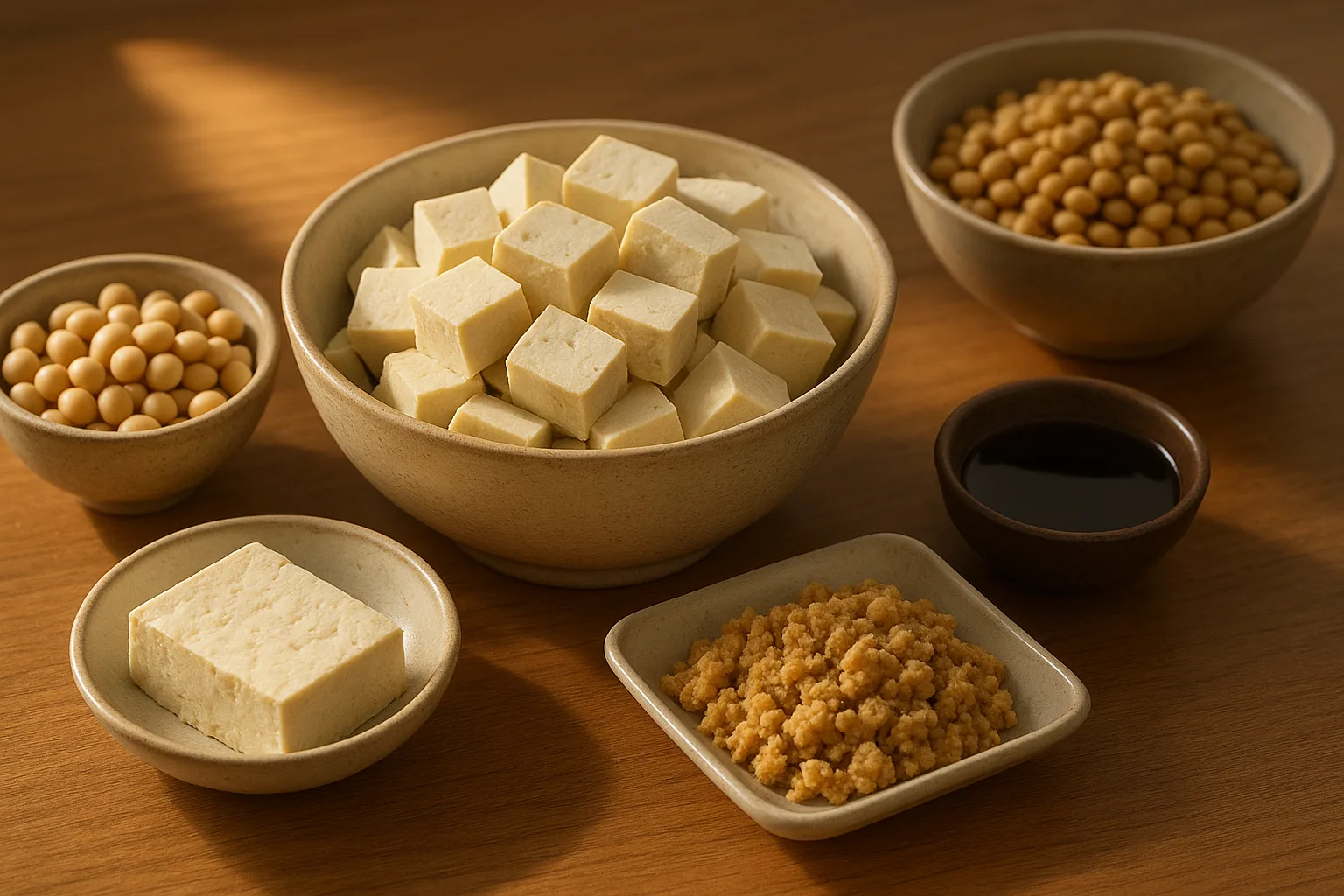 두부와 부드럽게 조리된 콩 등 소화 흡수율을 높인 다양한 콩 단백질 반찬들이 정갈하게 차려진 식탁입니다.