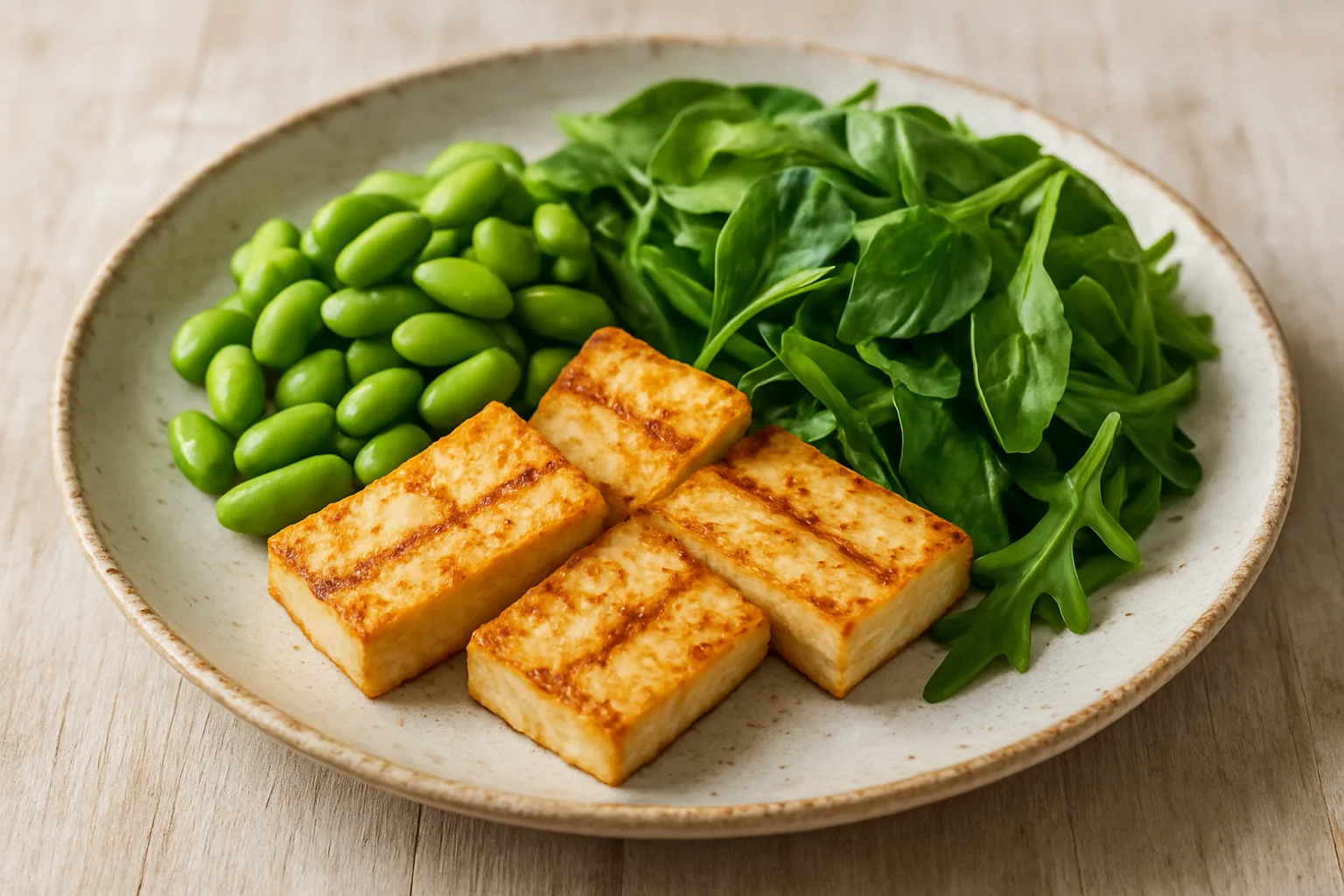 두부, 삶은 콩, 신선한 채소 샐러드가 정갈하게 차려진 건강한 식단의 모습입니다.