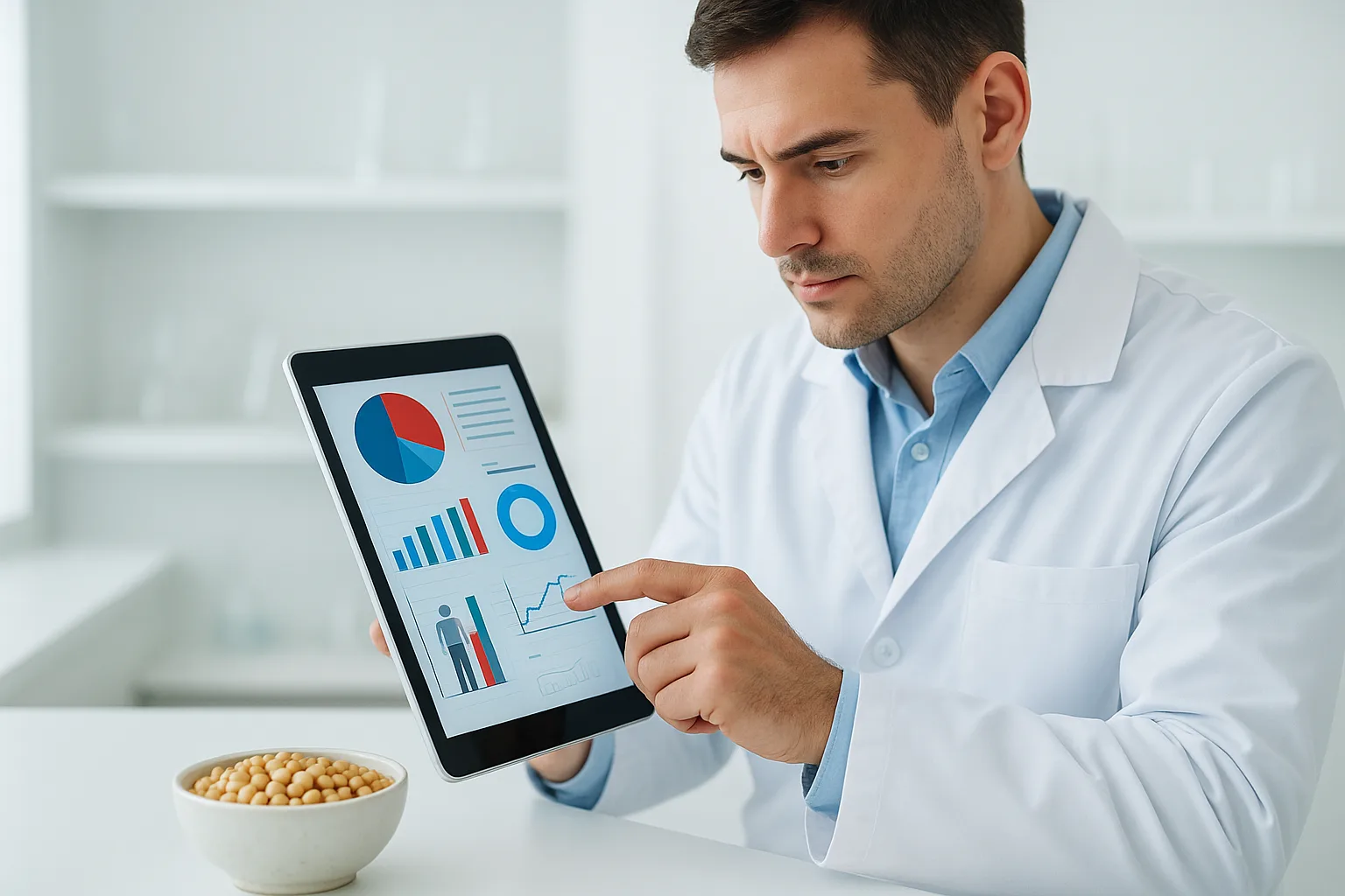 의료 연구원이 태블릿으로 영양 성분 데이터를 분석하는 가운데 책상 한쪽에 신선한 콩이 놓여 있는 모습입니다.