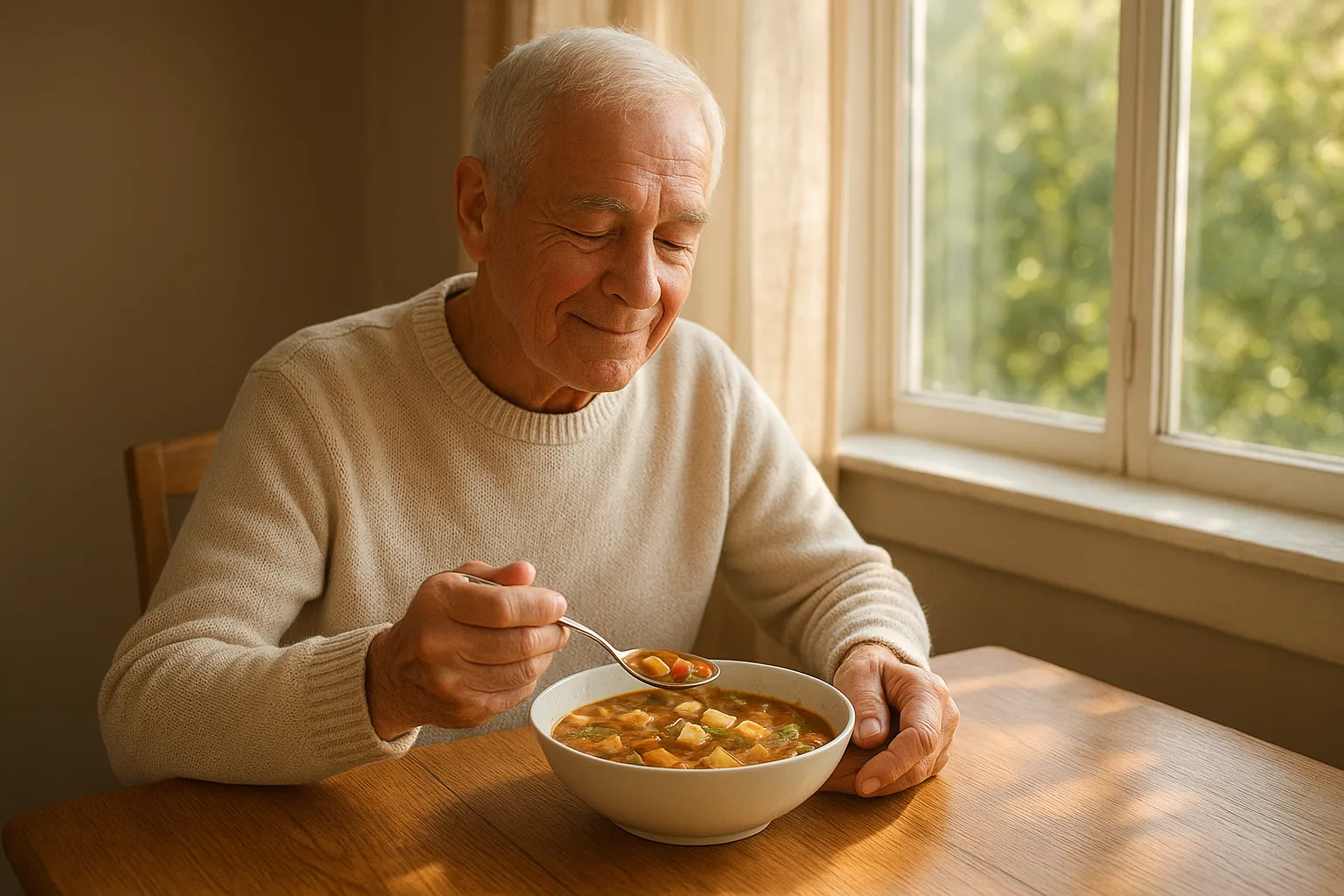 중장년층이 햇살이 드는 식탁에 앉아 따뜻한 콩 요리를 편안하게 식사하는 모습입니다.