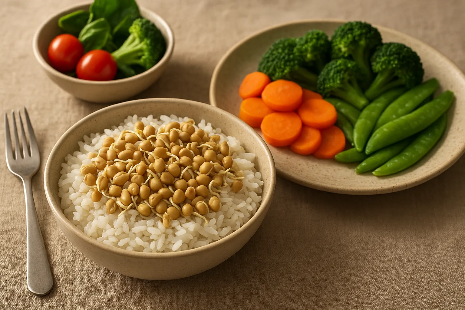 잘 길러진 발아 대두를 가열 조리하여 만든 영양가 높은 건강한 식단 예시.