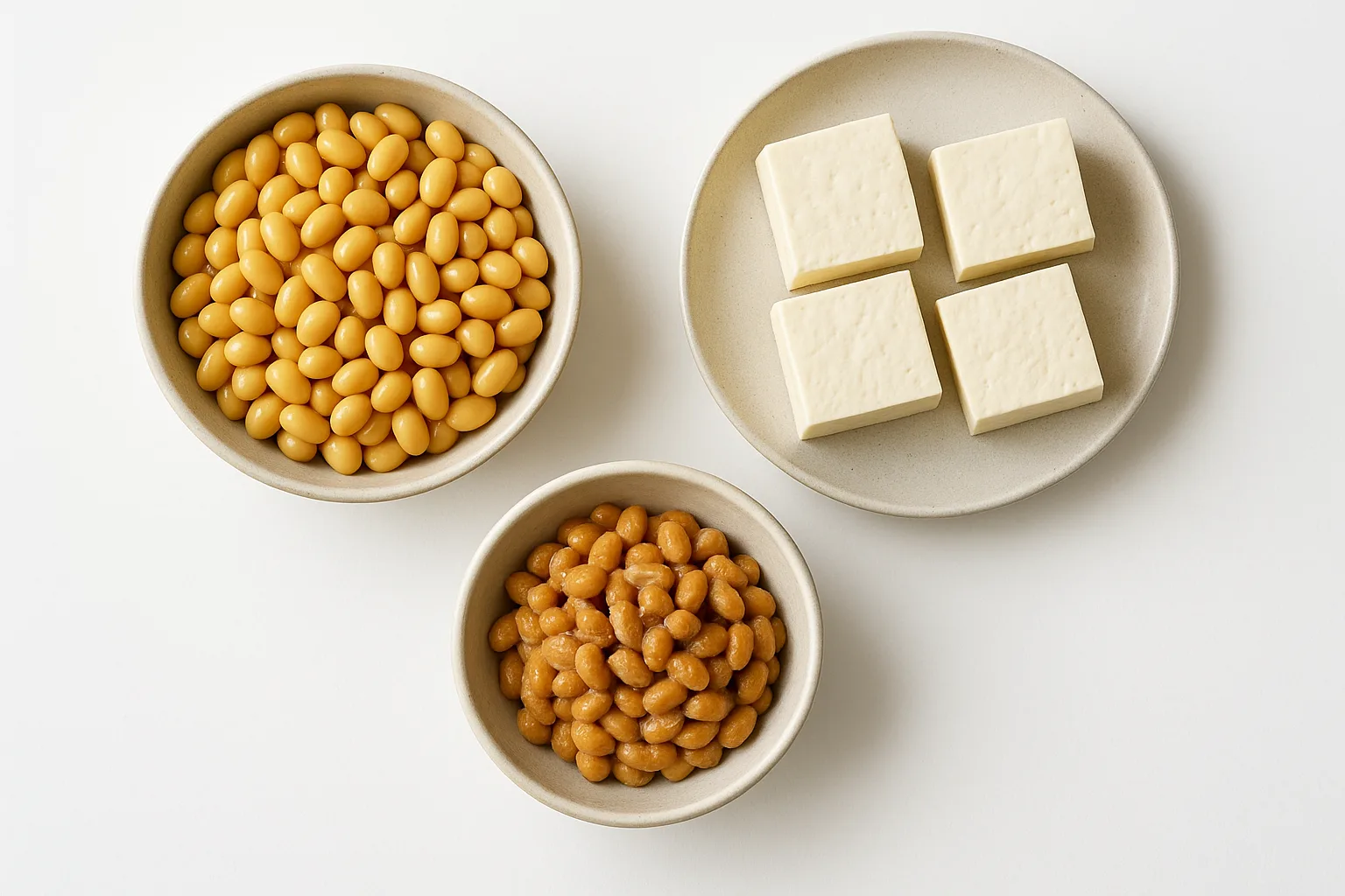 삶은 콩, 발효된 콩, 두부 등 단백질 흡수율이 높은 다양한 조리 상태의 콩 식품들이 정갈하게 놓여 있습니다.