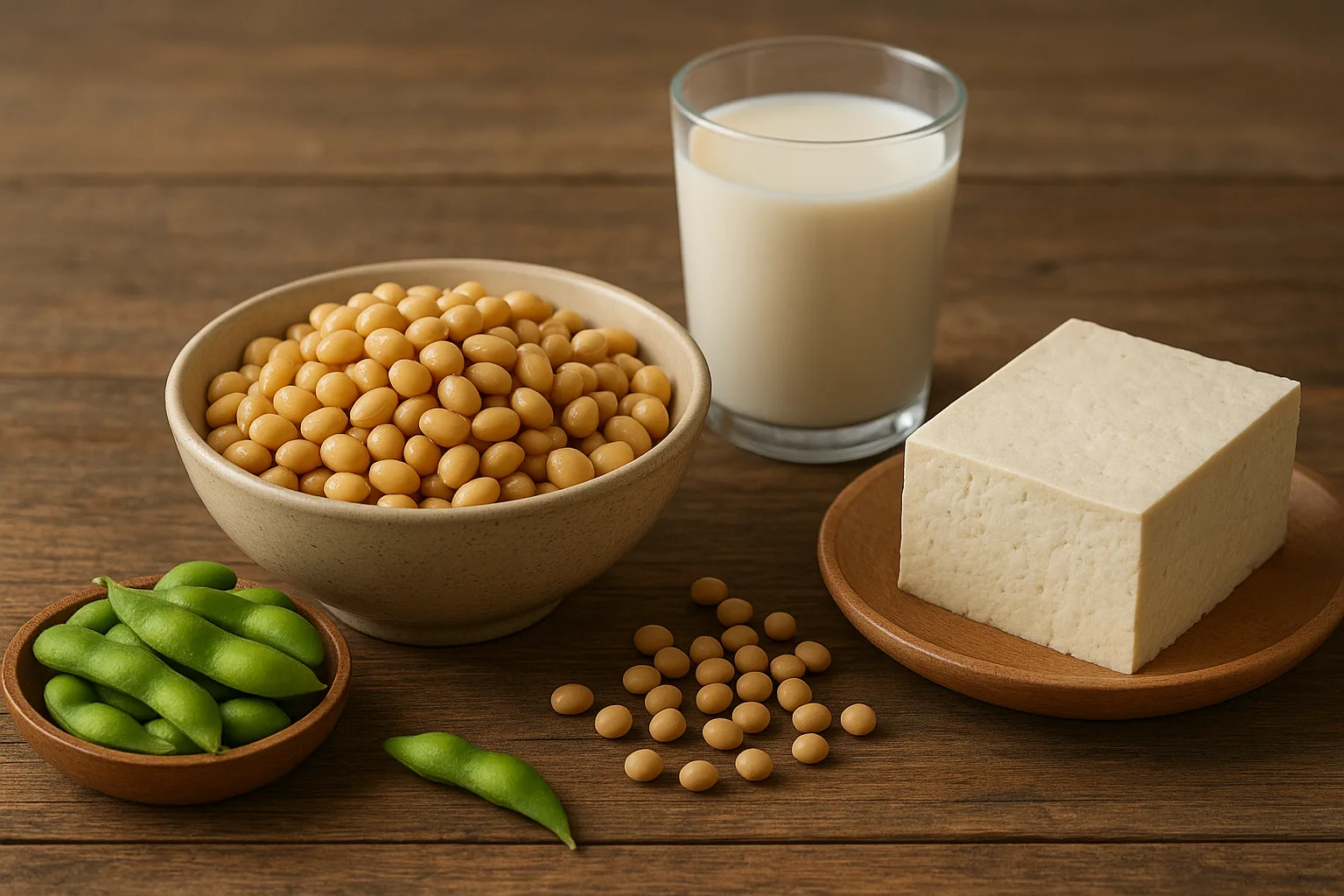 심장 건강에 도움을 주는 두부, 두유, 삶은 콩 등 다양한 콩 식품들이 식탁에 놓여 있는 모습입니다.