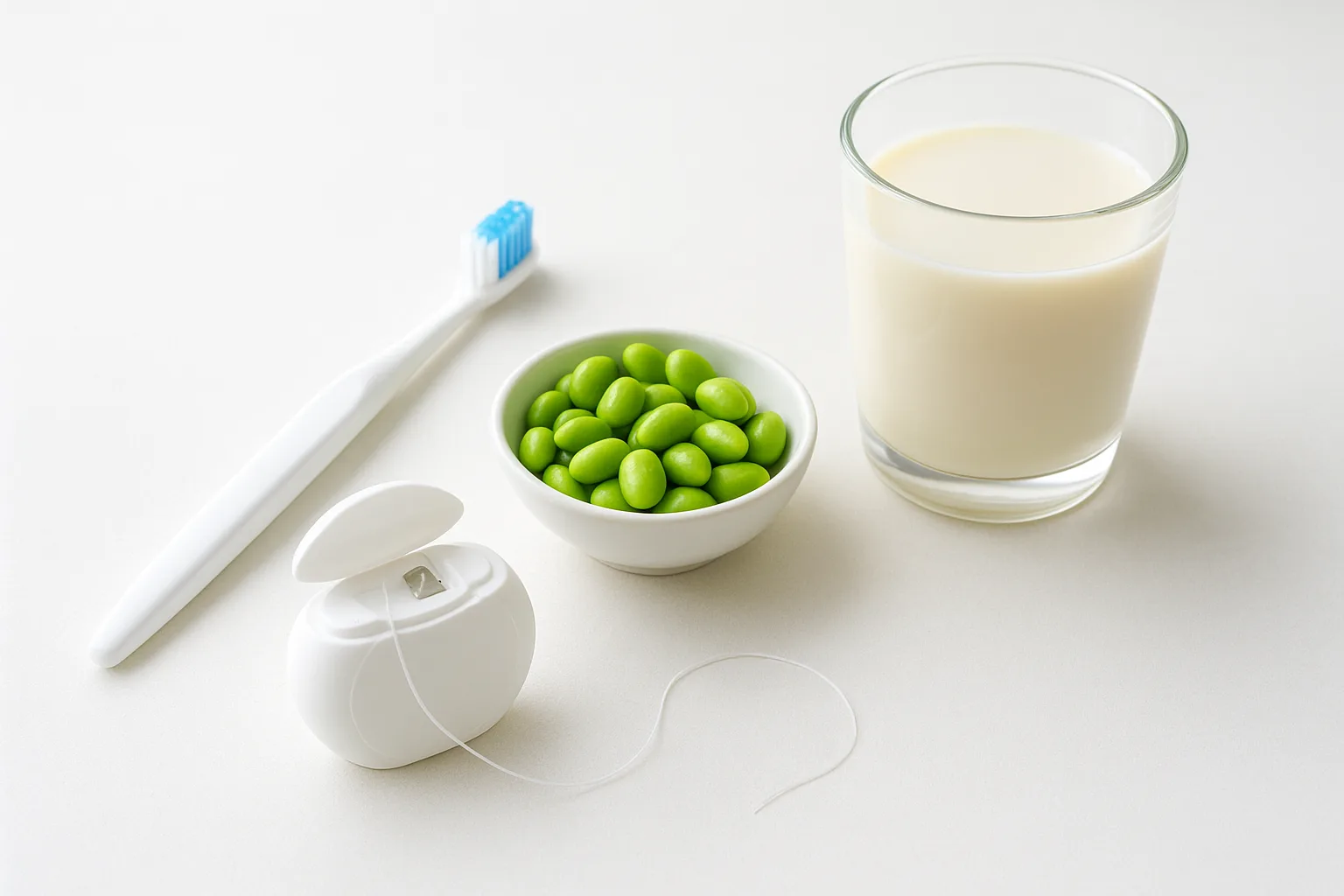 구강 위생 용품과 신선한 콩 식품이 함께 놓여 있는 종합적인 잇몸 건강 관리 모습입니다.