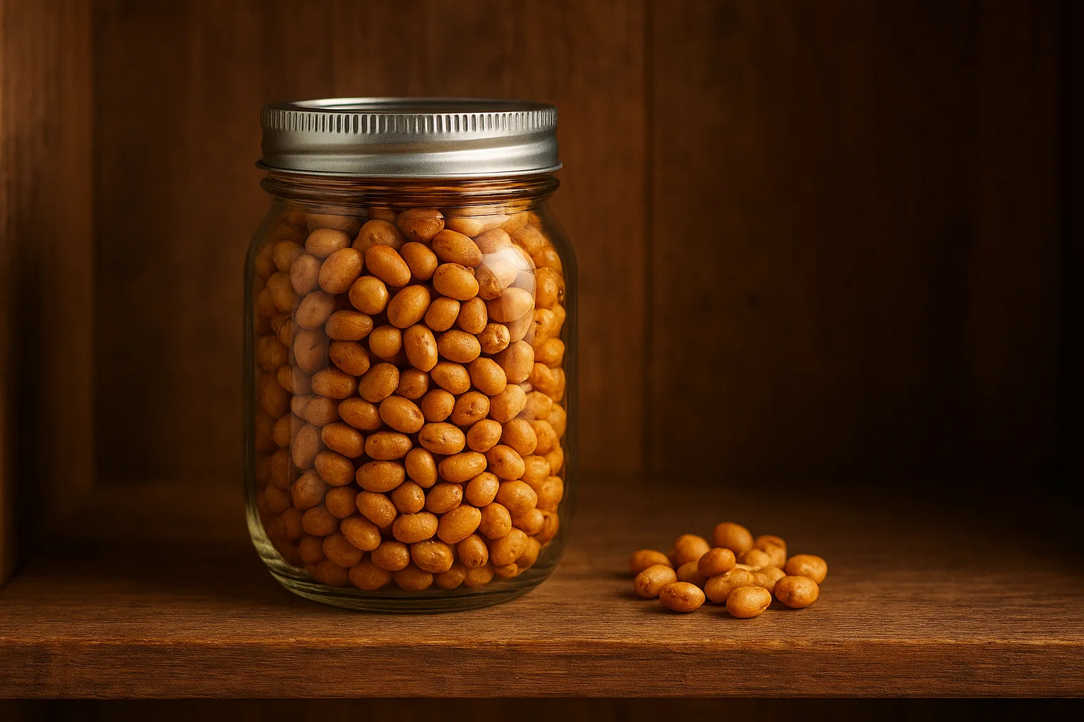 투명한 유리 밀폐 용기에 담겨 선반 위에 놓인 노릇하게 구워진 볶은 콩입니다.