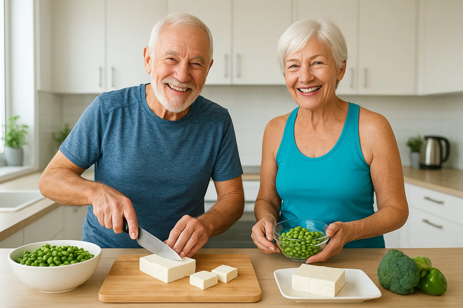 운동 후 주방에서 신선한 두부 요리를 준비하며 건강한 식습관을 실천하는 중장년 부부의 모습입니다.