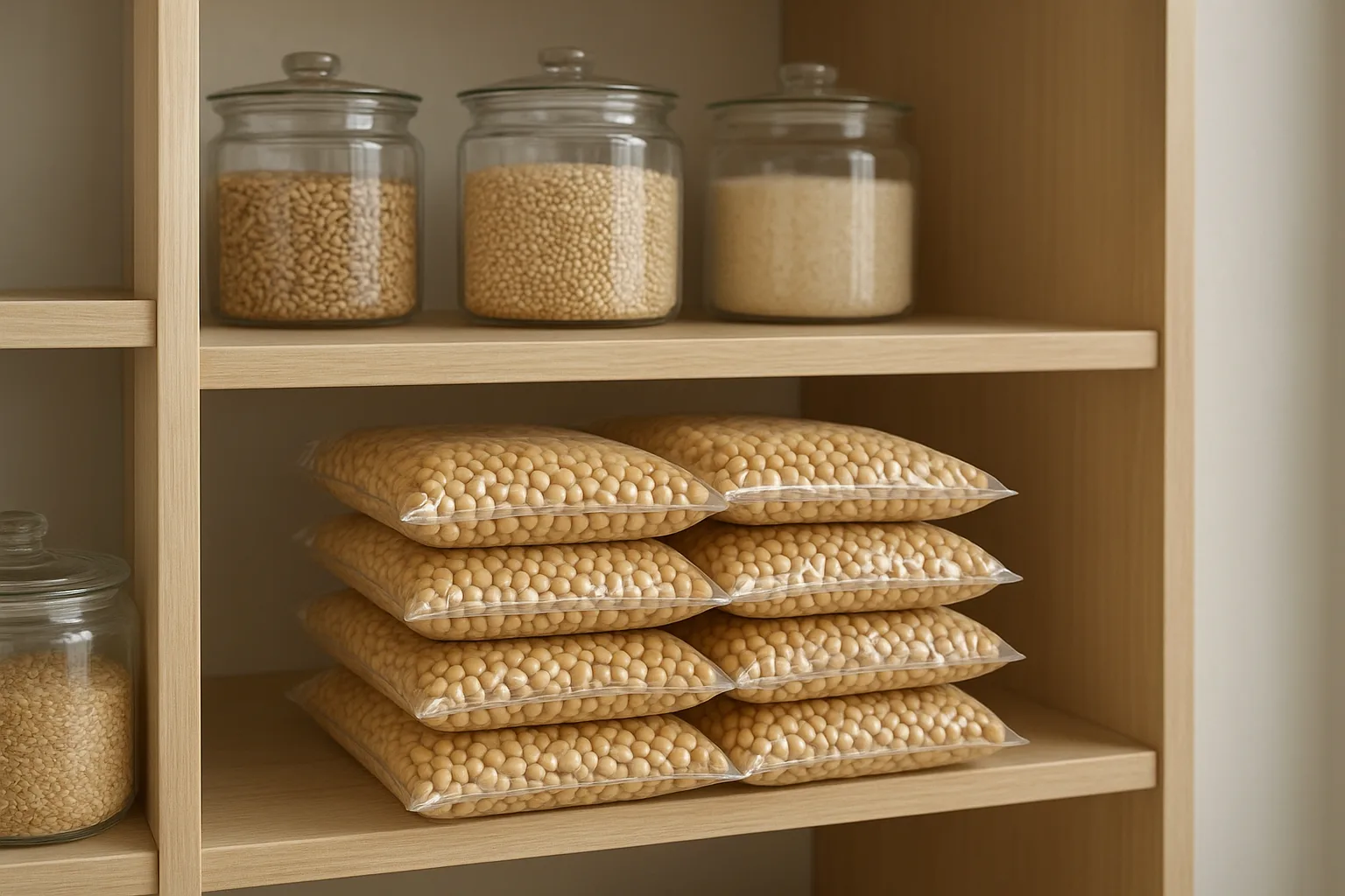 깔끔하게 정리된 나무 선반 위에 진공 포장된 콩과 다양한 통곡물이 가지런히 정돈되어 있는 모습입니다.