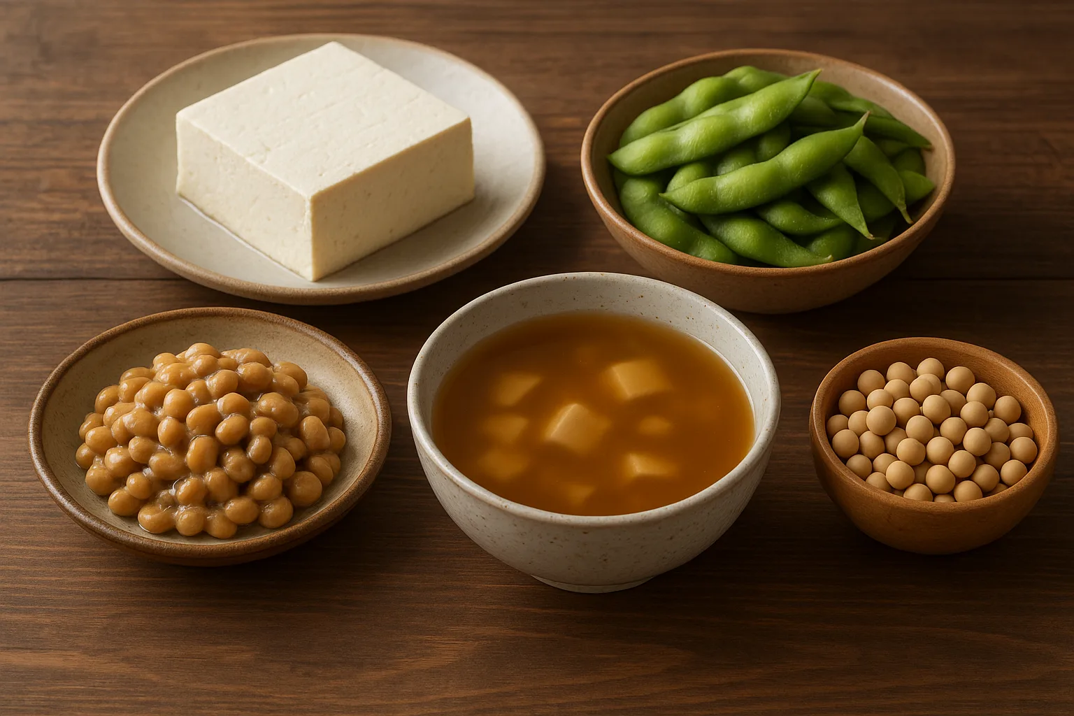 혈관 건강을 위해 콩 펩타이드를 섭취할 수 있는 낫토, 두부, 풋콩 등 다양한 콩 식품들이 놓인 식탁입니다.