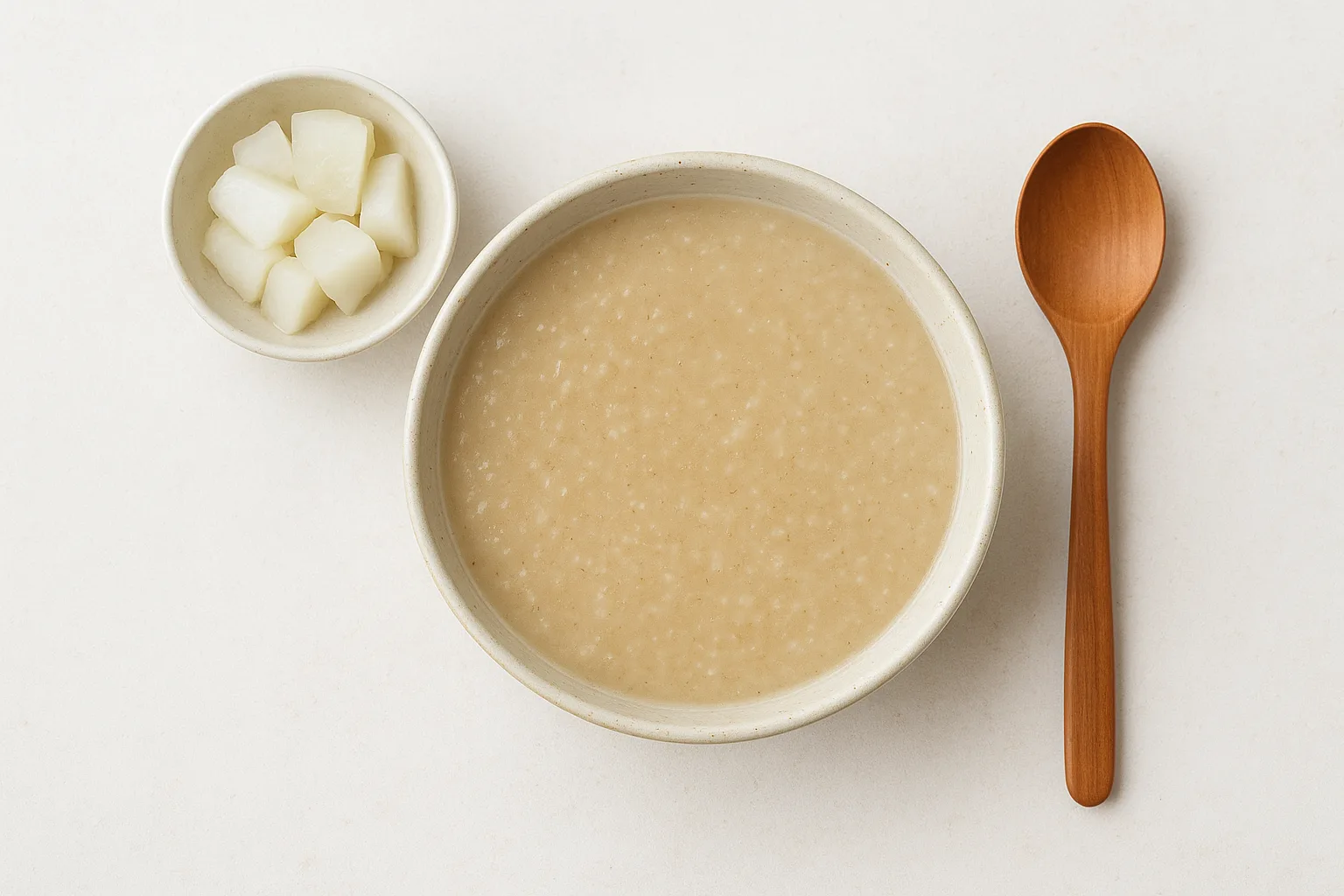 소화를 돕는 무와 부드러운 콩죽 등 노년층을 위한 건강한 식단 구성입니다.