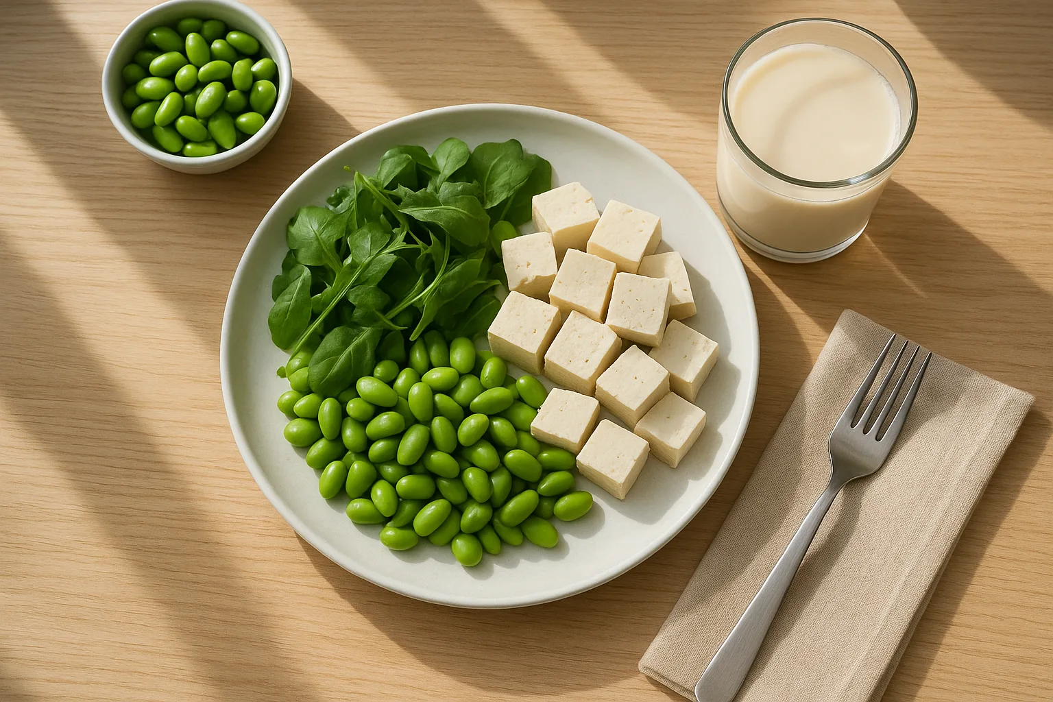 두부, 낫토, 완두콩 등 다양한 식물성 단백질 식품으로 구성된 균형 잡힌 건강 식단입니다.