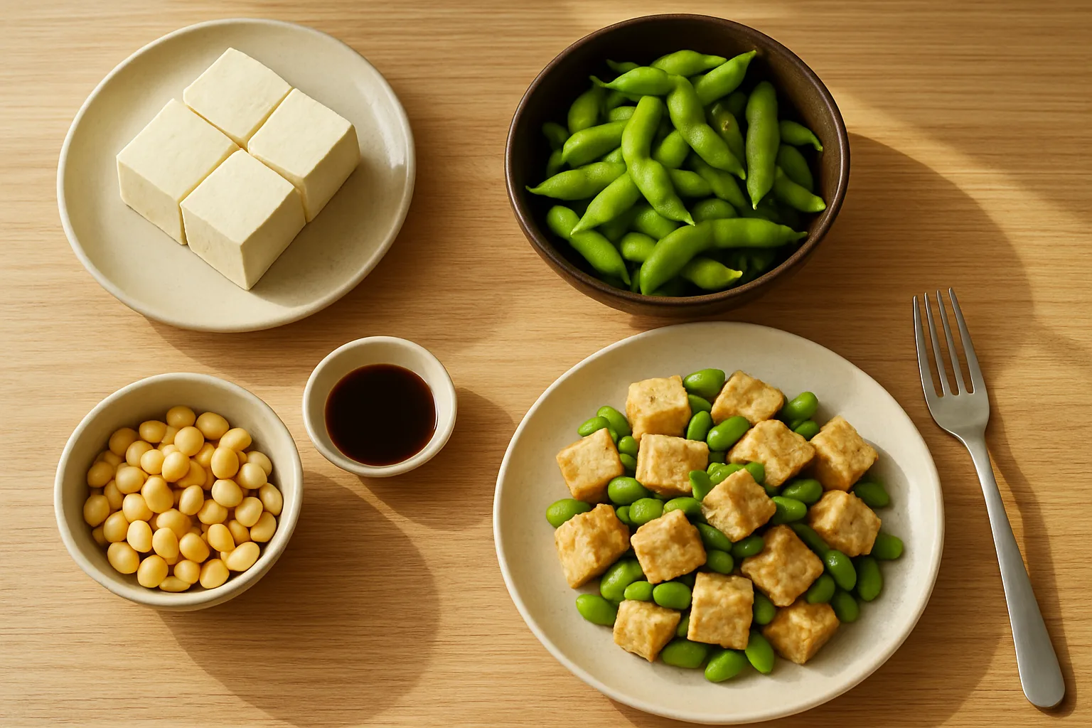 다양한 콩 요리와 두부가 포함된 균형 잡힌 건강한 식탁의 풍경입니다.