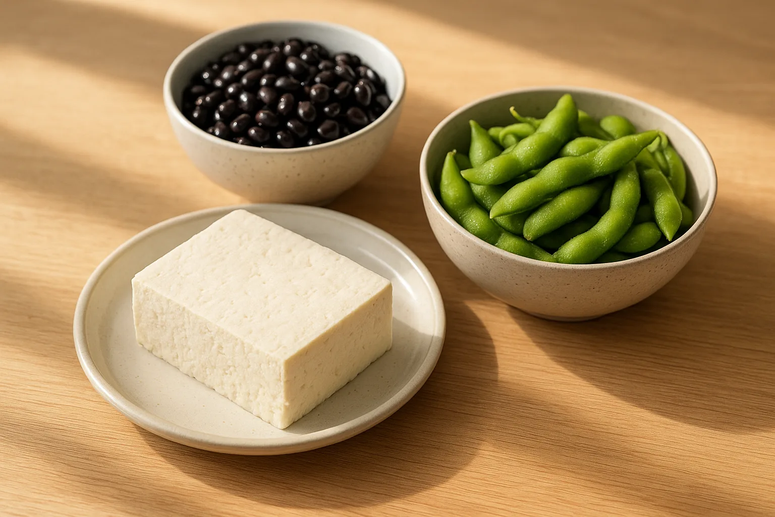 두부와 검은콩 등 다양한 콩류 식품으로 구성된 건강한 식단 모음입니다.