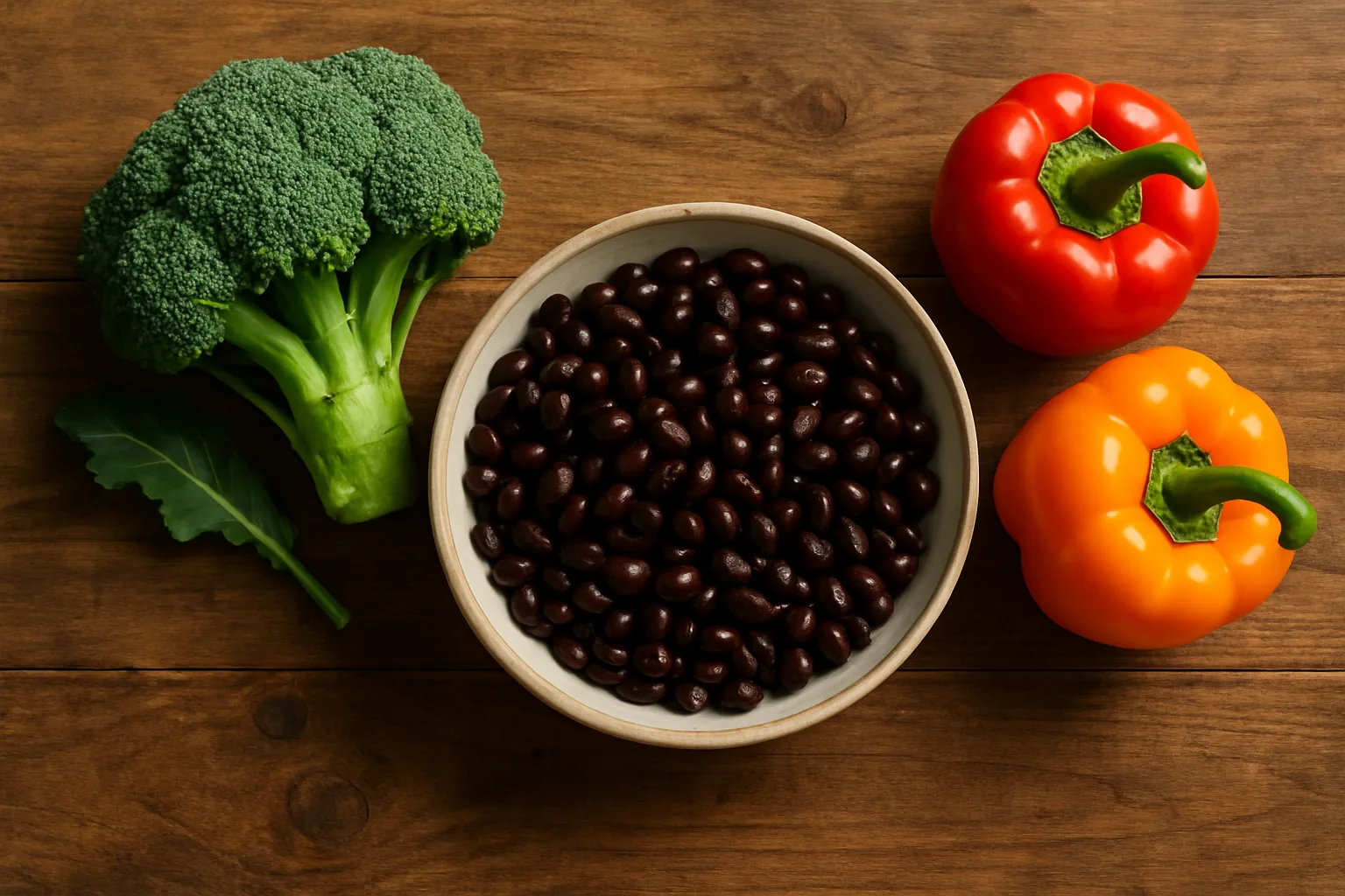 신선한 콩 요리와 비타민 C가 풍부한 채소들로 구성된 관절 건강 식단 테이블 세팅