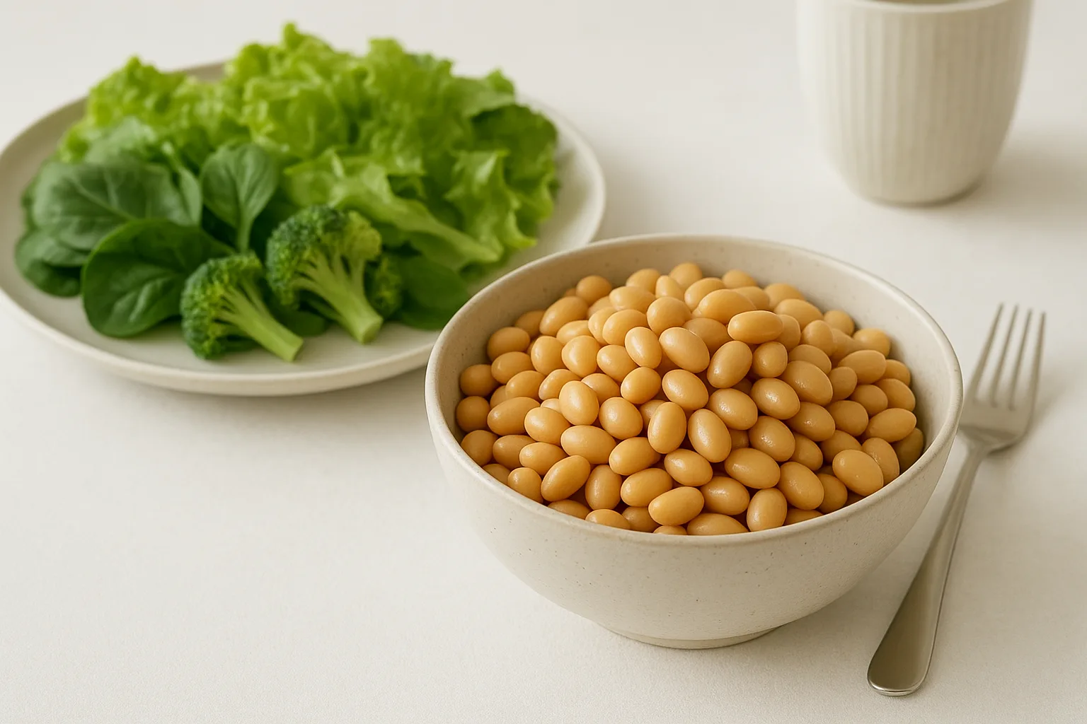 식탁 위에 건강하게 조리된 삶은 콩과 신선한 채소가 정갈하게 차려져 있습니다.