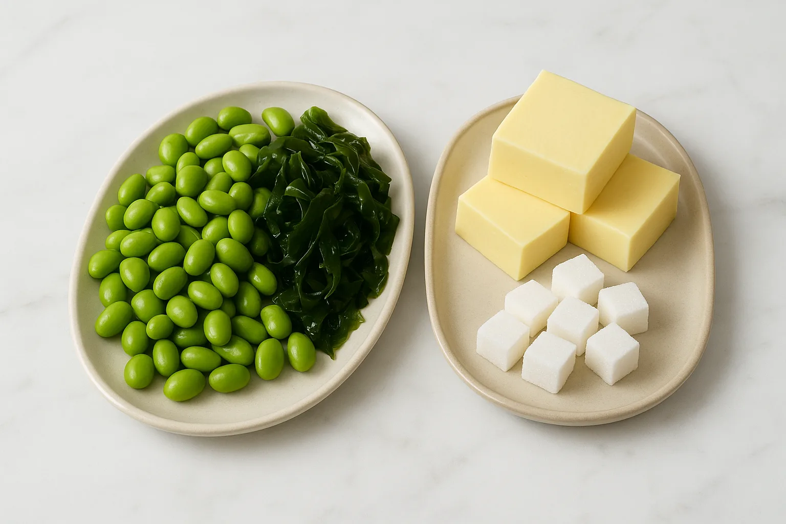 콩과 해조류 조합, 그리고 치즈와 설탕 조합이 식탁 양쪽에 대조적으로 배치된 모습입니다.