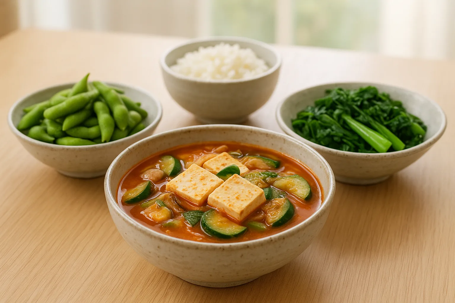 두부 요리와 삶은 콩, 신선한 채소들이 어우러진 중장년층을 위한 영양 만점의 상차림입니다.