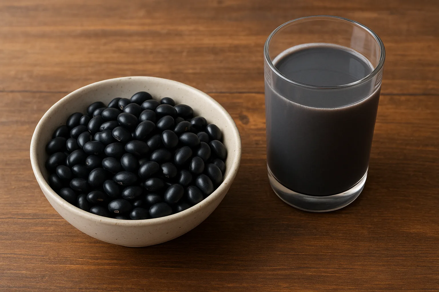 삶은 검은콩과 신선한 두유가 놓인 식탁 위 모습으로 건강한 식단을 보여줍니다.