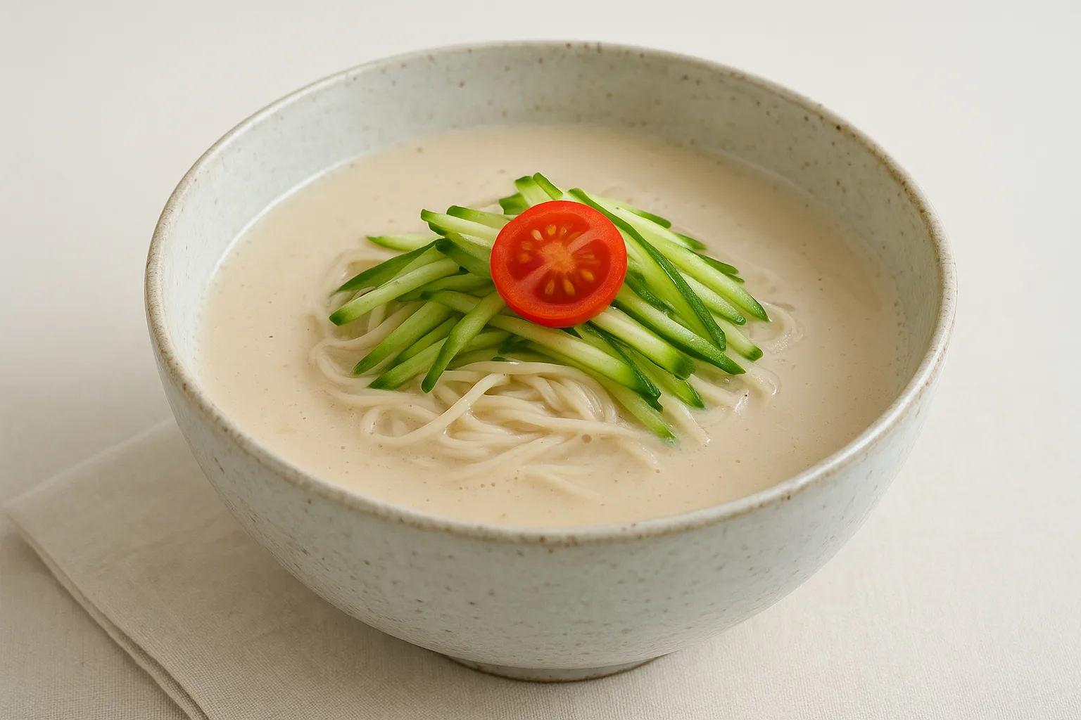 오이와 토마토가 고명으로 올라간 진하고 시원한 콩국수 한 그릇의 모습입니다.