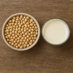 신선한 콩과 완성된 무첨가 두유가 함께 놓여 있는 건강한 식재료 구성입니다.