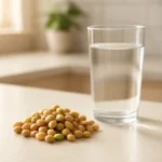 건강한 콩과 쾌적한 소화 기관을 상징하는 밝고 편안한 느낌의 이미지입니다.