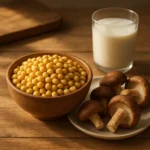 따뜻한 햇빛이 드는 식탁에 대두콩, 버섯, 우유가 조화롭게 차려진 모습입니다.