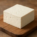 나무 도마 위에 놓인 부드럽고 촉촉한 흰 두부의 모습
