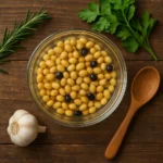 맑은 물에 콩이 담겨있는 유리 볼과 주변에 정갈하게 놓인 건강한 식재료들.