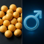 콩 이소플라본과 남성 건강 사이의 긍정적인 관계를 표현한 객관적인 상징 그래픽입니다.