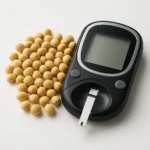 신선한 콩과 혈당계를 통해 식물성 단백질의 건강한 혈당 관리 효과를 나타냅니다.