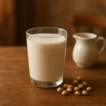 나무 테이블 위에 두유와 우유가 섞인 먹음직스러운 음료 한 잔이 놓여 있는 편안한 모습입니다.