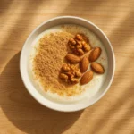 영양이 풍부한 콩가루와 견과류가 듬뿍 담긴 요거트 볼이 따뜻한 아침 햇살을 받고 있는 식탁의 모습입니다.