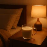 아늑하고 편안한 분위기의 침실 협탁 위에 숙면을 돕는 따뜻한 두유 한 잔이 놓여 있습니다.