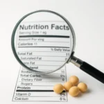 돋보기를 통해 식품의 성분 라벨과 콩을 자세히 살펴보고 있는 모습입니다.