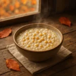 김이 모락모락 나는 따뜻한 콩죽이 담긴 정갈한 밥상 풍경입니다.