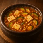 두부와 채소가 가득한 전통 뚝배기에 담겨 먹음직스럽게 끓어오르는 청국장입니다.