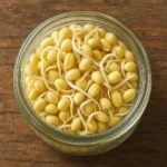 갓 싹을 틔운 신선한 대두가 담긴 깨끗한 유리 용기.