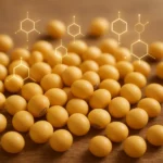 원목 테이블 위에 놓인 신선한 노란 대두 위로 분자 구조 모양이 떠올라 영양 성분을 상징하는 모습입니다.